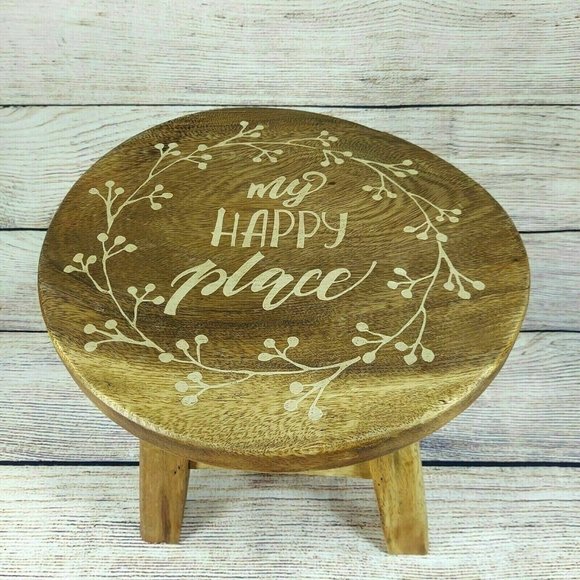 Wooden 10" Tall Round Table My Happy Place Ornate 4 legs Stand Décor Mother Gift - Picture 3 of 11